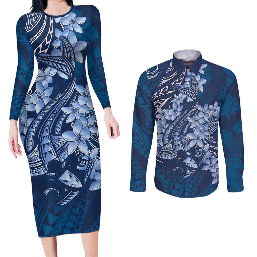 Navy Blue Polynesia Hammerhead Shark Tattoo With Plumeria Lei Couples Matching Long Sleeve Bodycon Dress and Long Sleeve Button Shirt