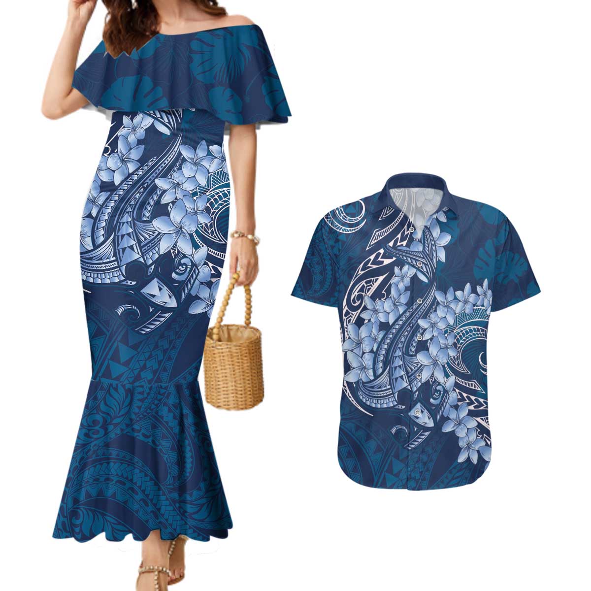 Navy Blue Polynesia Hammerhead Shark Tattoo With Plumeria Lei Couples Matching Mermaid Dress and Hawaiian Shirt