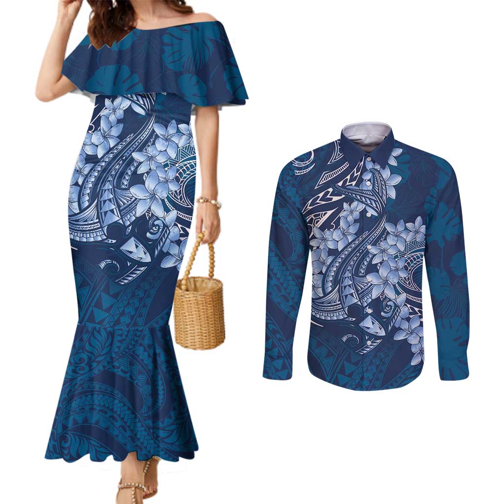 Navy Blue Polynesia Hammerhead Shark Tattoo With Plumeria Lei Couples Matching Mermaid Dress and Long Sleeve Button Shirt