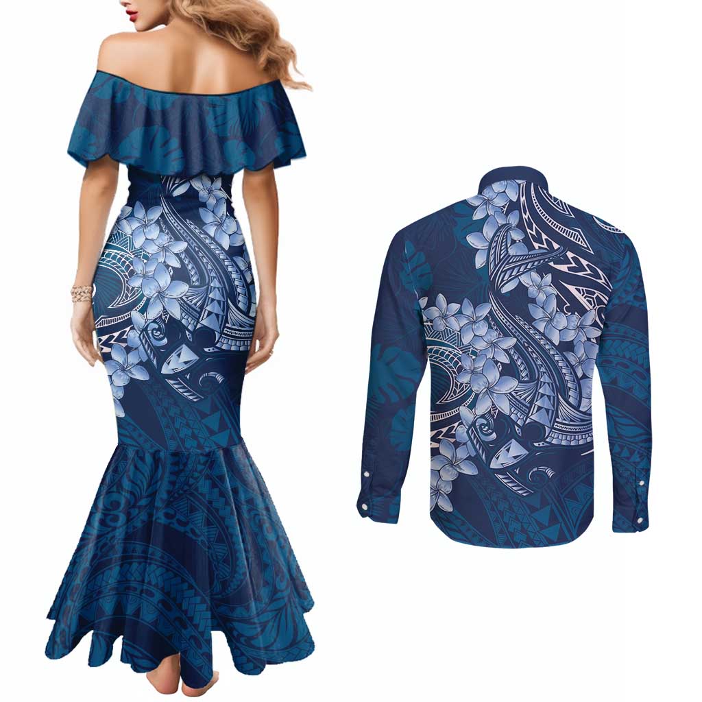 Navy Blue Polynesia Hammerhead Shark Tattoo With Plumeria Lei Couples Matching Mermaid Dress and Long Sleeve Button Shirt