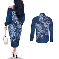 Navy Blue Polynesia Hammerhead Shark Tattoo With Plumeria Lei Couples Matching Off The Shoulder Long Sleeve Dress and Long Sleeve Button Shirt