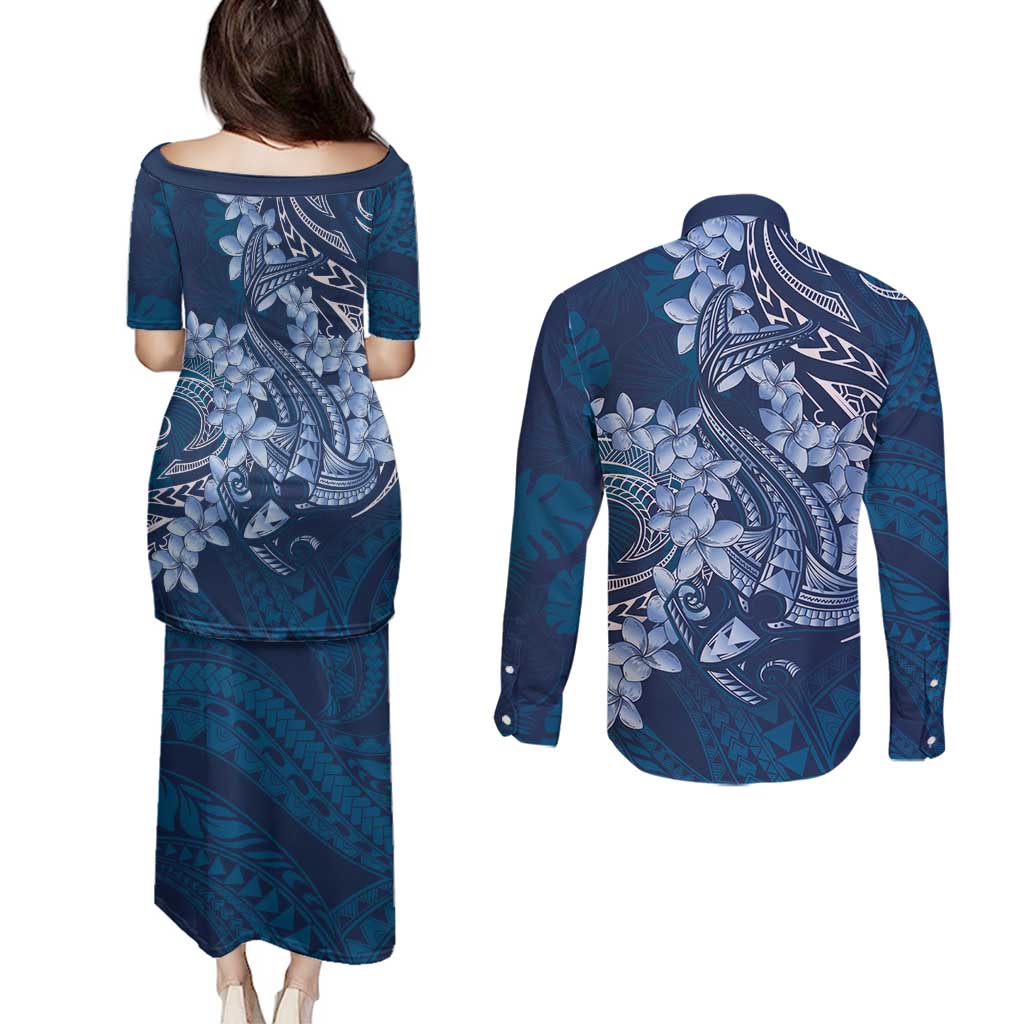 Navy Blue Polynesia Hammerhead Shark Tattoo With Plumeria Lei Couples Matching Puletasi and Long Sleeve Button Shirt