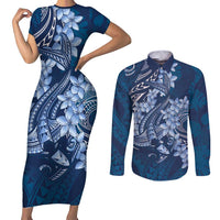 Navy Blue Polynesia Hammerhead Shark Tattoo With Plumeria Lei Couples Matching Short Sleeve Bodycon Dress and Long Sleeve Button Shirt