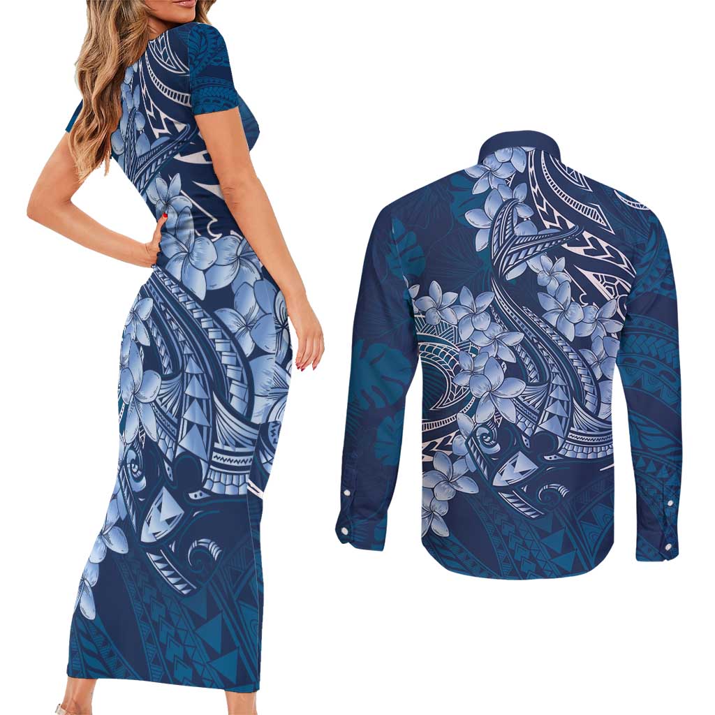 Navy Blue Polynesia Hammerhead Shark Tattoo With Plumeria Lei Couples Matching Short Sleeve Bodycon Dress and Long Sleeve Button Shirt
