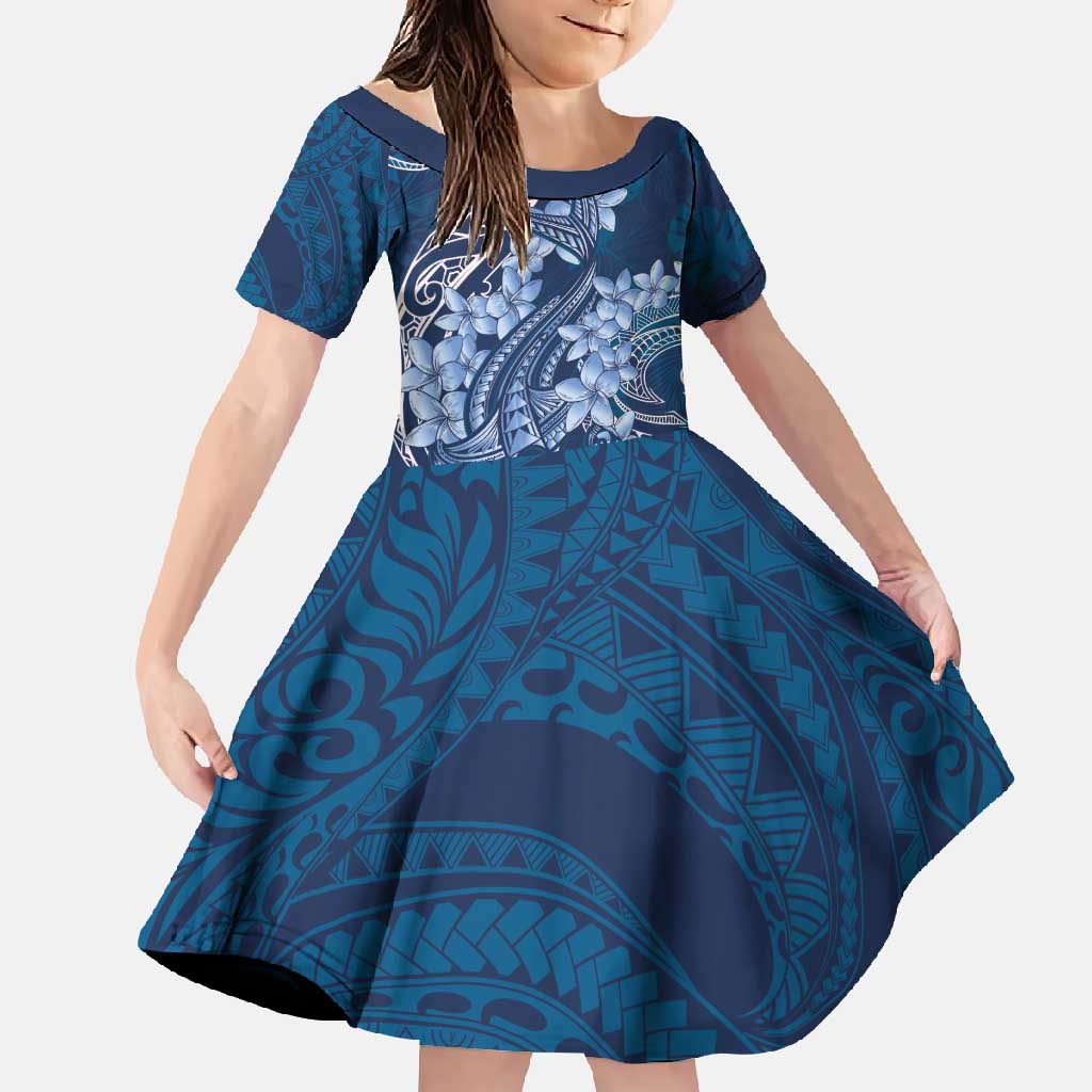 Navy Blue Polynesia Hammerhead Shark Tattoo With Plumeria Lei Family Matching Long Sleeve Bodycon Dress and Hawaiian Shirt LT14 Daughter's Dress Navy Blue - Polynesian Pride