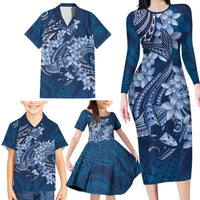 Navy Blue Polynesia Hammerhead Shark Tattoo With Plumeria Lei Family Matching Long Sleeve Bodycon Dress and Hawaiian Shirt LT14 - Polynesian Pride
