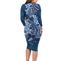 Navy Blue Polynesia Hammerhead Shark Tattoo With Plumeria Lei Family Matching Long Sleeve Bodycon Dress and Hawaiian Shirt LT14 - Polynesian Pride