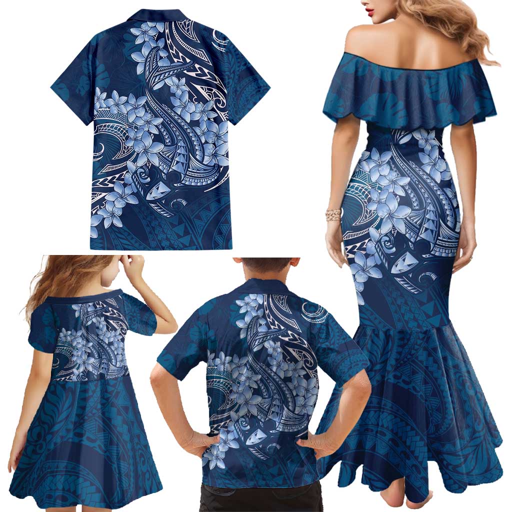 Navy Blue Polynesia Hammerhead Shark Tattoo With Plumeria Lei Family Matching Mermaid Dress and Hawaiian Shirt LT14 - Polynesian Pride