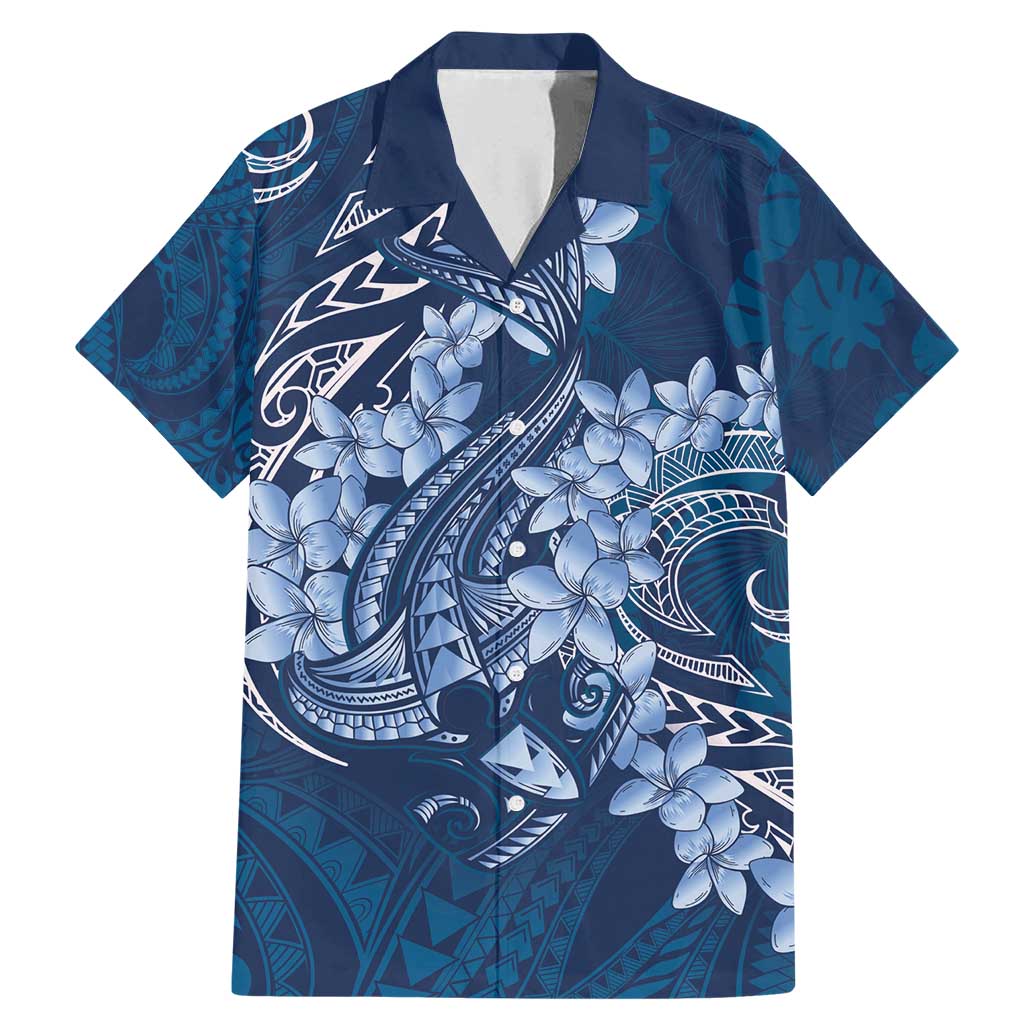 Navy Blue Polynesia Hammerhead Shark Tattoo With Plumeria Lei Family Matching Mermaid Dress and Hawaiian Shirt LT14 Dad's Shirt - Short Sleeve Navy Blue - Polynesian Pride