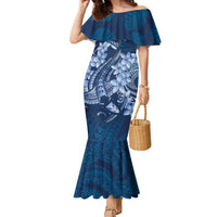 Navy Blue Polynesia Hammerhead Shark Tattoo With Plumeria Lei Family Matching Mermaid Dress and Hawaiian Shirt LT14 Mom's Dress Navy Blue - Polynesian Pride