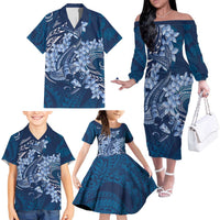Navy Blue Polynesia Hammerhead Shark Tattoo With Plumeria Lei Family Matching Off The Shoulder Long Sleeve Dress and Hawaiian Shirt LT14 - Polynesian Pride