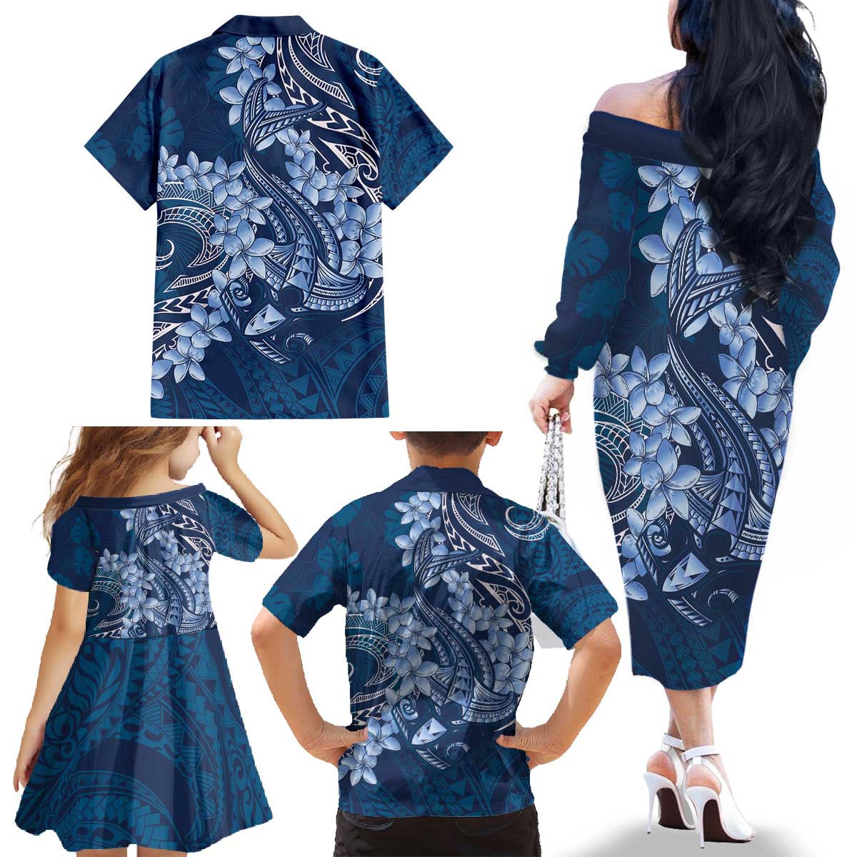 Navy Blue Polynesia Hammerhead Shark Tattoo With Plumeria Lei Family Matching Off The Shoulder Long Sleeve Dress and Hawaiian Shirt LT14 - Polynesian Pride
