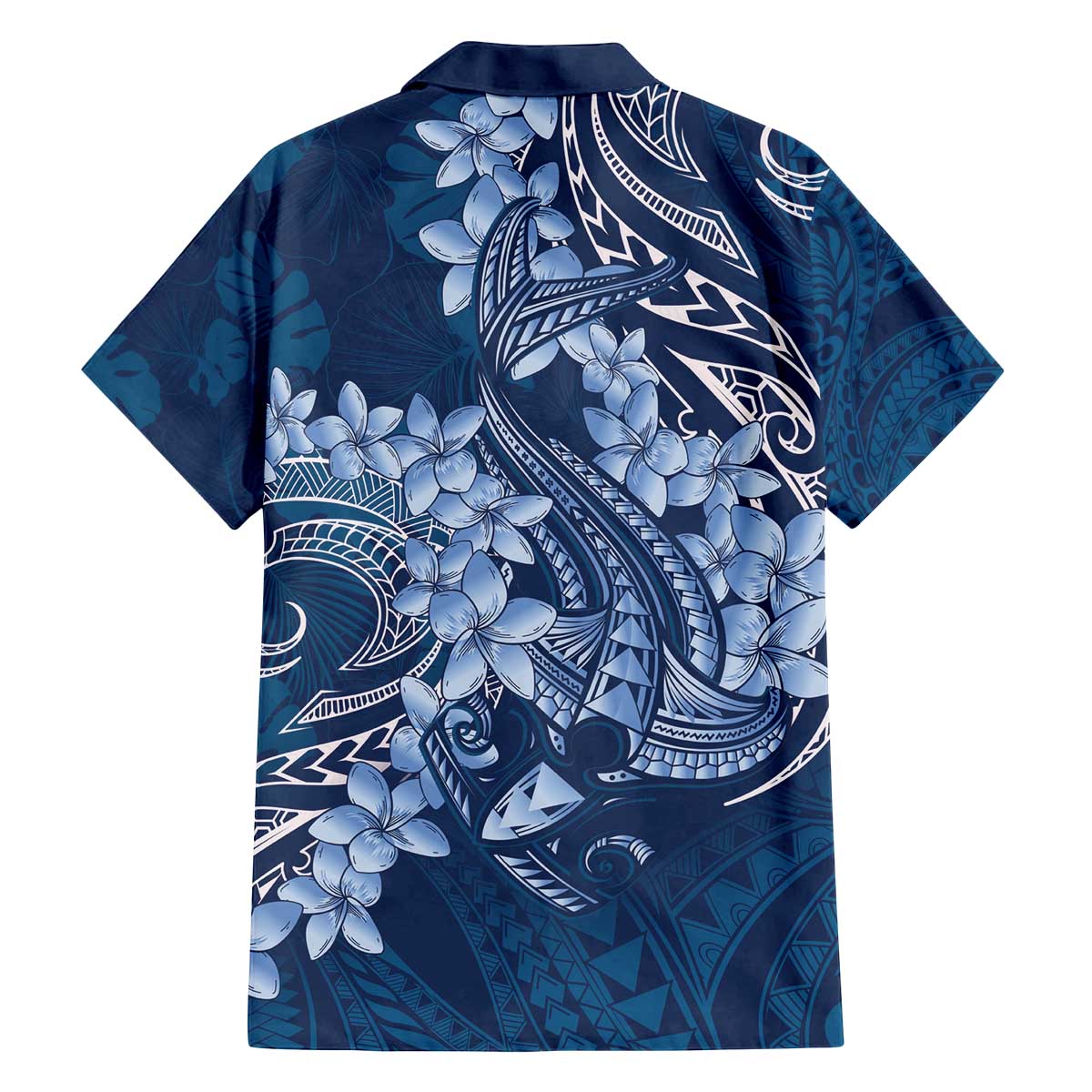 Navy Blue Polynesia Hammerhead Shark Tattoo With Plumeria Lei Family Matching Off The Shoulder Long Sleeve Dress and Hawaiian Shirt LT14 - Polynesian Pride