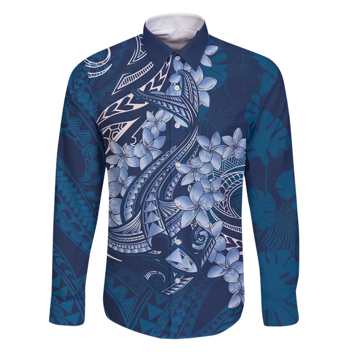 Navy Blue Polynesia Hammerhead Shark Tattoo With Plumeria Lei Family Matching Off The Shoulder Long Sleeve Dress and Hawaiian Shirt LT14 Dad's Shirt - Long Sleeve Navy Blue - Polynesian Pride