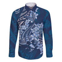 Navy Blue Polynesia Hammerhead Shark Tattoo With Plumeria Lei Family Matching Off The Shoulder Long Sleeve Dress and Hawaiian Shirt LT14 Dad's Shirt - Long Sleeve Navy Blue - Polynesian Pride