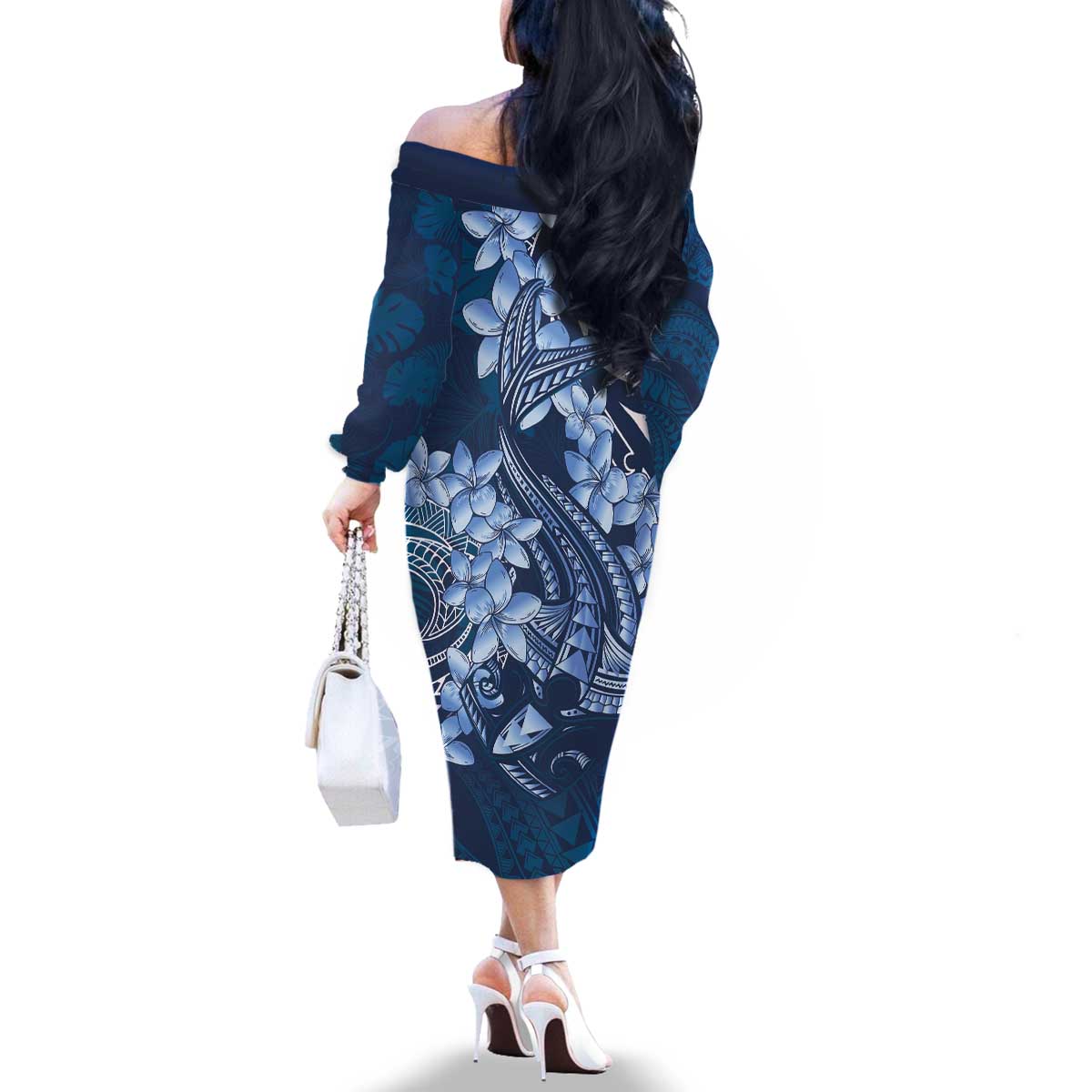 Navy Blue Polynesia Hammerhead Shark Tattoo With Plumeria Lei Family Matching Off The Shoulder Long Sleeve Dress and Hawaiian Shirt LT14 - Polynesian Pride