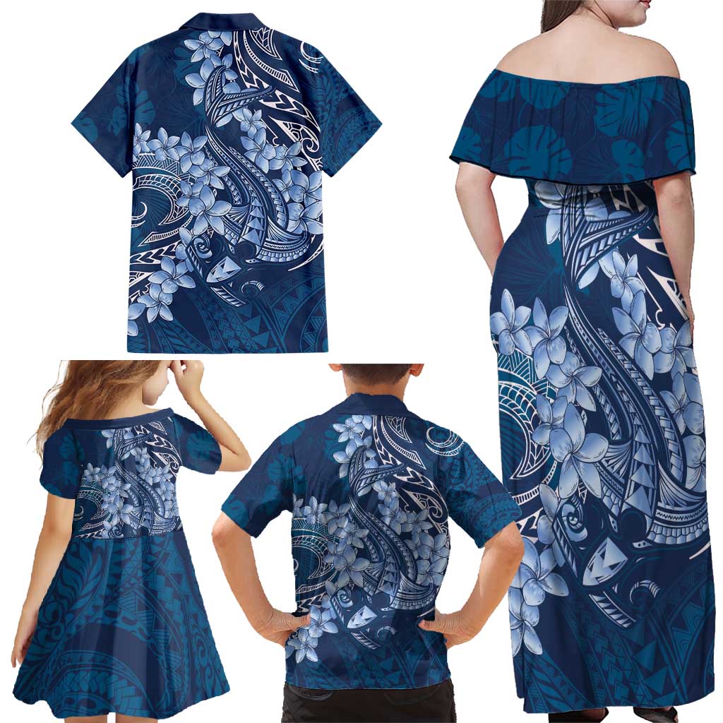 Navy Blue Polynesia Hammerhead Shark Tattoo With Plumeria Lei Family Matching Off Shoulder Maxi Dress and Hawaiian Shirt LT14 - Polynesian Pride