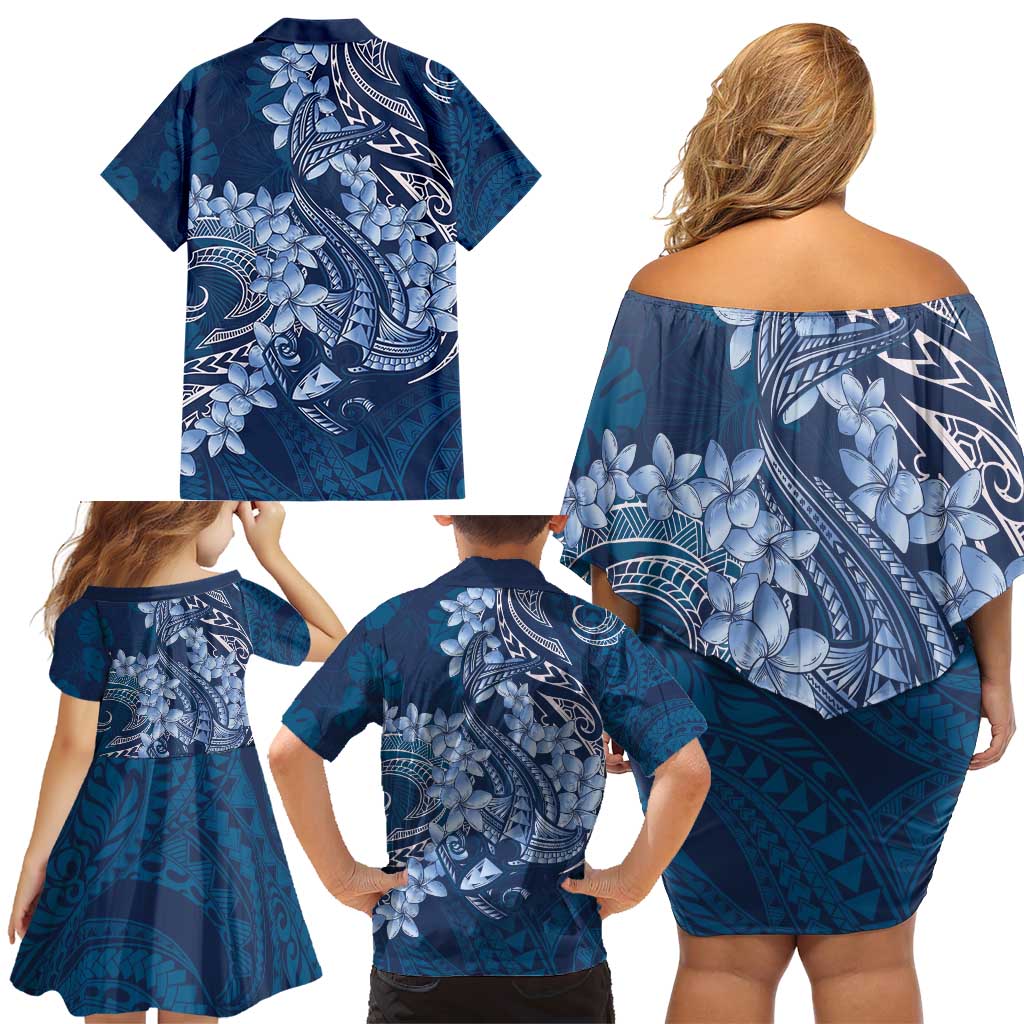 Navy Blue Polynesia Hammerhead Shark Tattoo With Plumeria Lei Family Matching Off Shoulder Short Dress and Hawaiian Shirt LT14 - Polynesian Pride