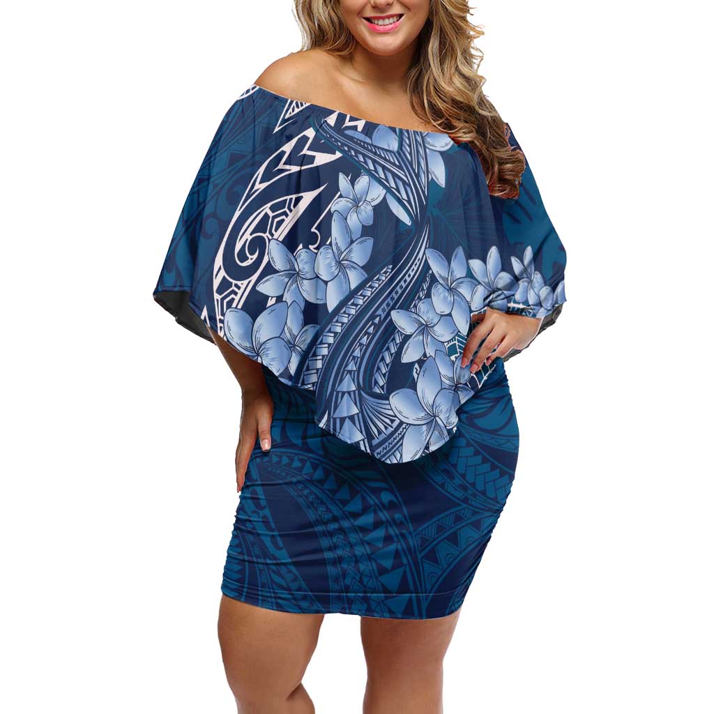 Navy Blue Polynesia Hammerhead Shark Tattoo With Plumeria Lei Family Matching Off Shoulder Short Dress and Hawaiian Shirt LT14 Mom's Dress Navy Blue - Polynesian Pride
