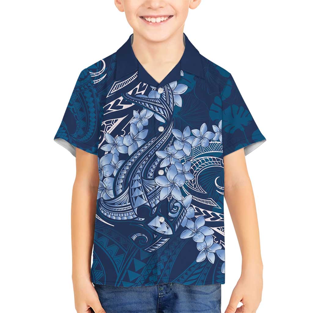 Navy Blue Polynesia Hammerhead Shark Tattoo With Plumeria Lei Family Matching Off Shoulder Short Dress and Hawaiian Shirt LT14 Son's Shirt Navy Blue - Polynesian Pride