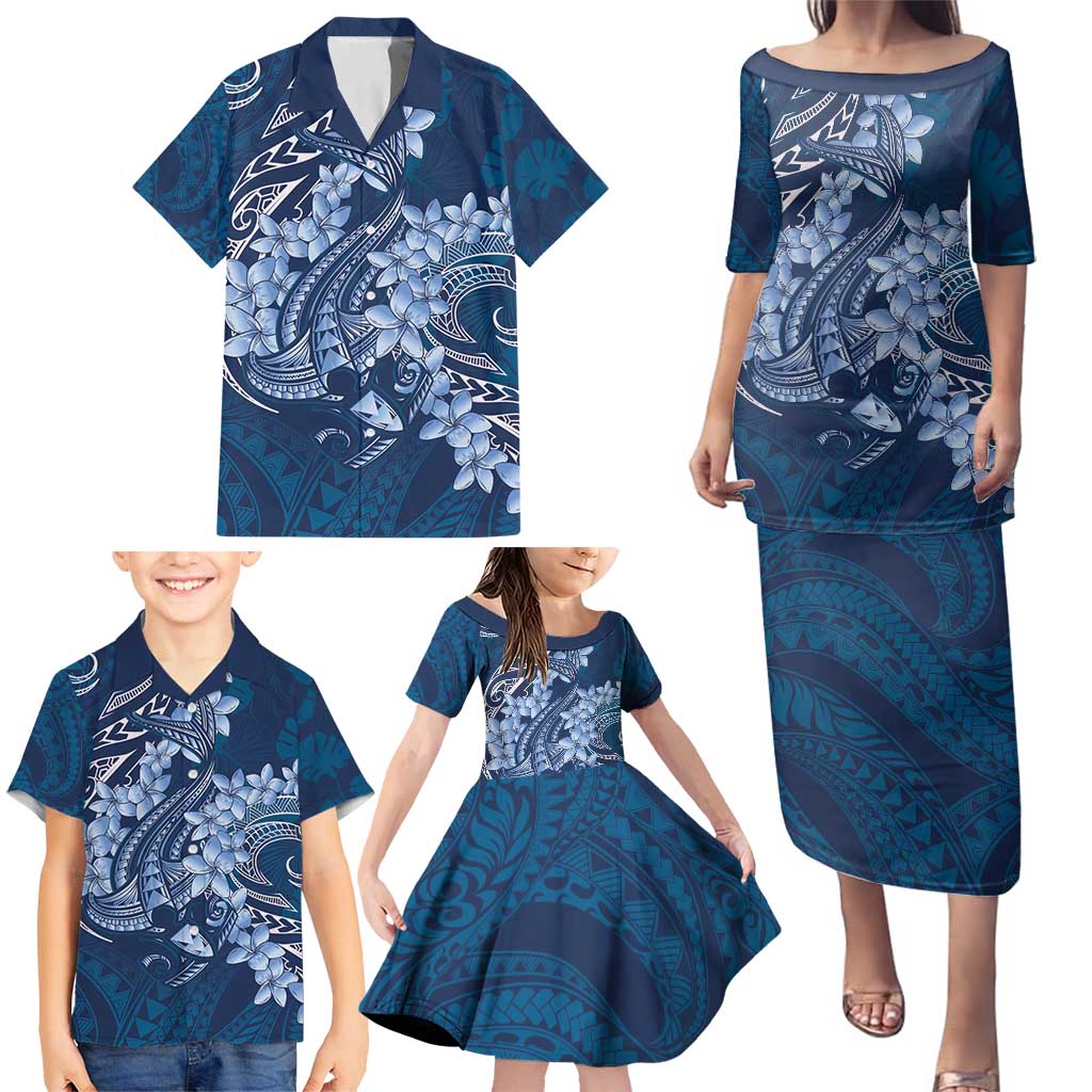 Navy Blue Polynesia Hammerhead Shark Tattoo With Plumeria Lei Family Matching Puletasi and Hawaiian Shirt