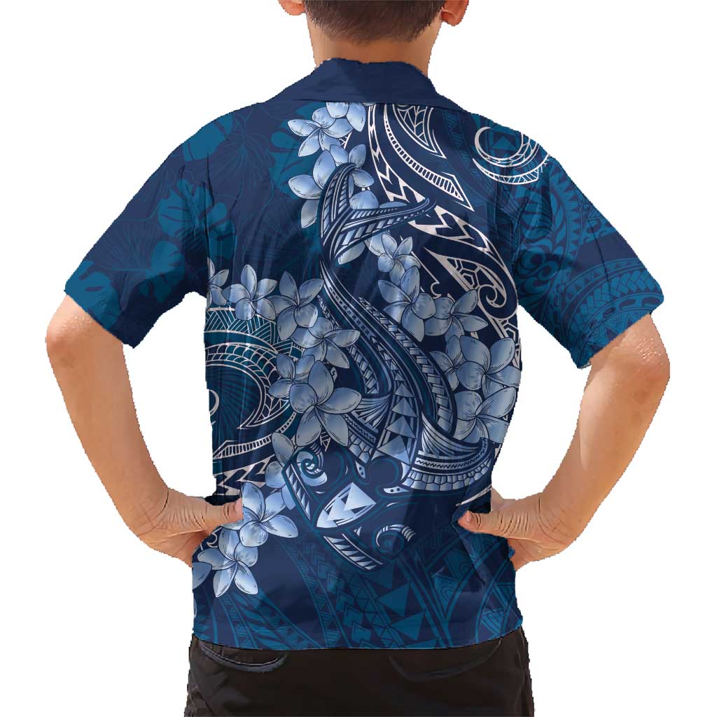 Navy Blue Polynesia Hammerhead Shark Tattoo With Plumeria Lei Family Matching Short Sleeve Bodycon Dress and Hawaiian Shirt LT14 - Polynesian Pride