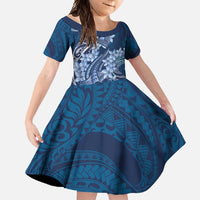 Navy Blue Polynesia Hammerhead Shark Tattoo With Plumeria Lei Family Matching Short Sleeve Bodycon Dress and Hawaiian Shirt LT14 Daughter's Dress Navy Blue - Polynesian Pride
