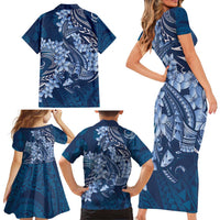 Navy Blue Polynesia Hammerhead Shark Tattoo With Plumeria Lei Family Matching Short Sleeve Bodycon Dress and Hawaiian Shirt LT14 - Polynesian Pride