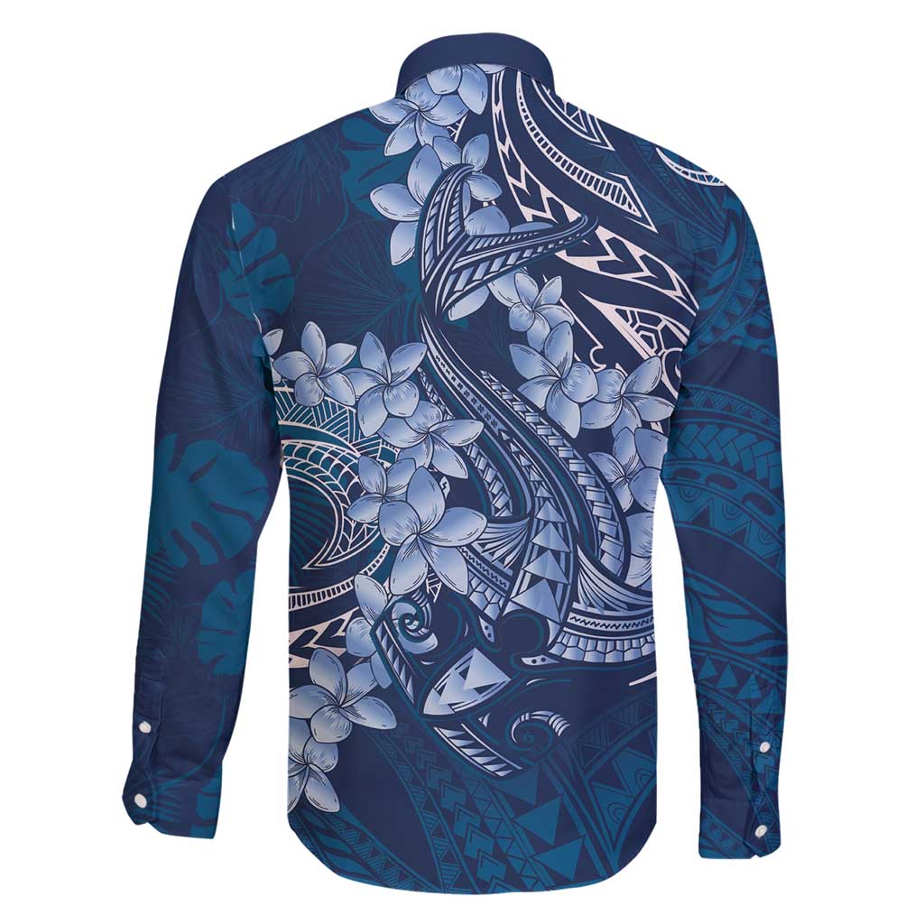 Navy Blue Polynesia Hammerhead Shark Tattoo With Plumeria Lei Family Matching Short Sleeve Bodycon Dress and Hawaiian Shirt LT14 - Polynesian Pride
