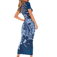 Navy Blue Polynesia Hammerhead Shark Tattoo With Plumeria Lei Family Matching Short Sleeve Bodycon Dress and Hawaiian Shirt LT14 - Polynesian Pride
