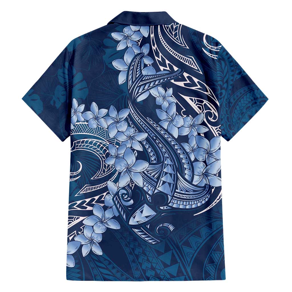 Navy Blue Polynesia Hammerhead Shark Tattoo With Plumeria Lei Family Matching Summer Maxi Dress and Hawaiian Shirt