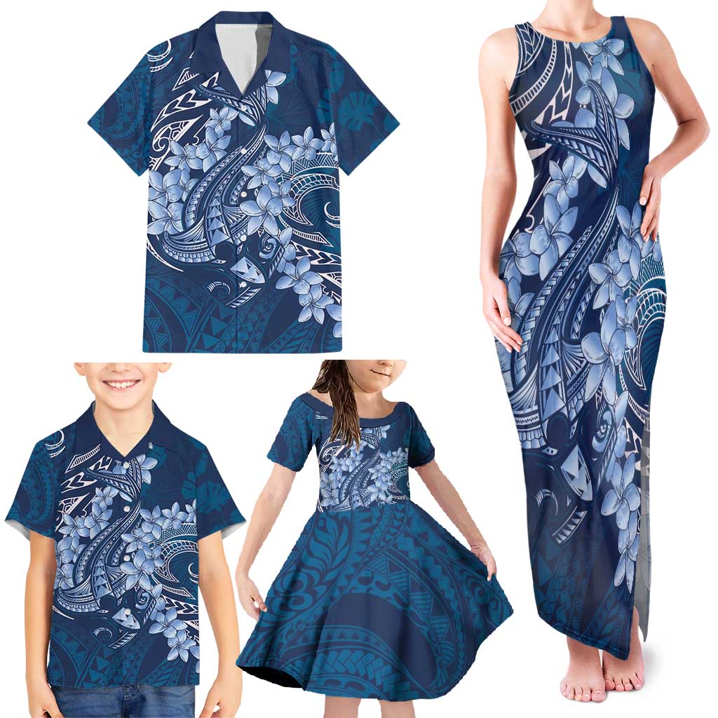 Navy Blue Polynesia Hammerhead Shark Tattoo With Plumeria Lei Family Matching Tank Maxi Dress and Hawaiian Shirt LT14 - Polynesian Pride