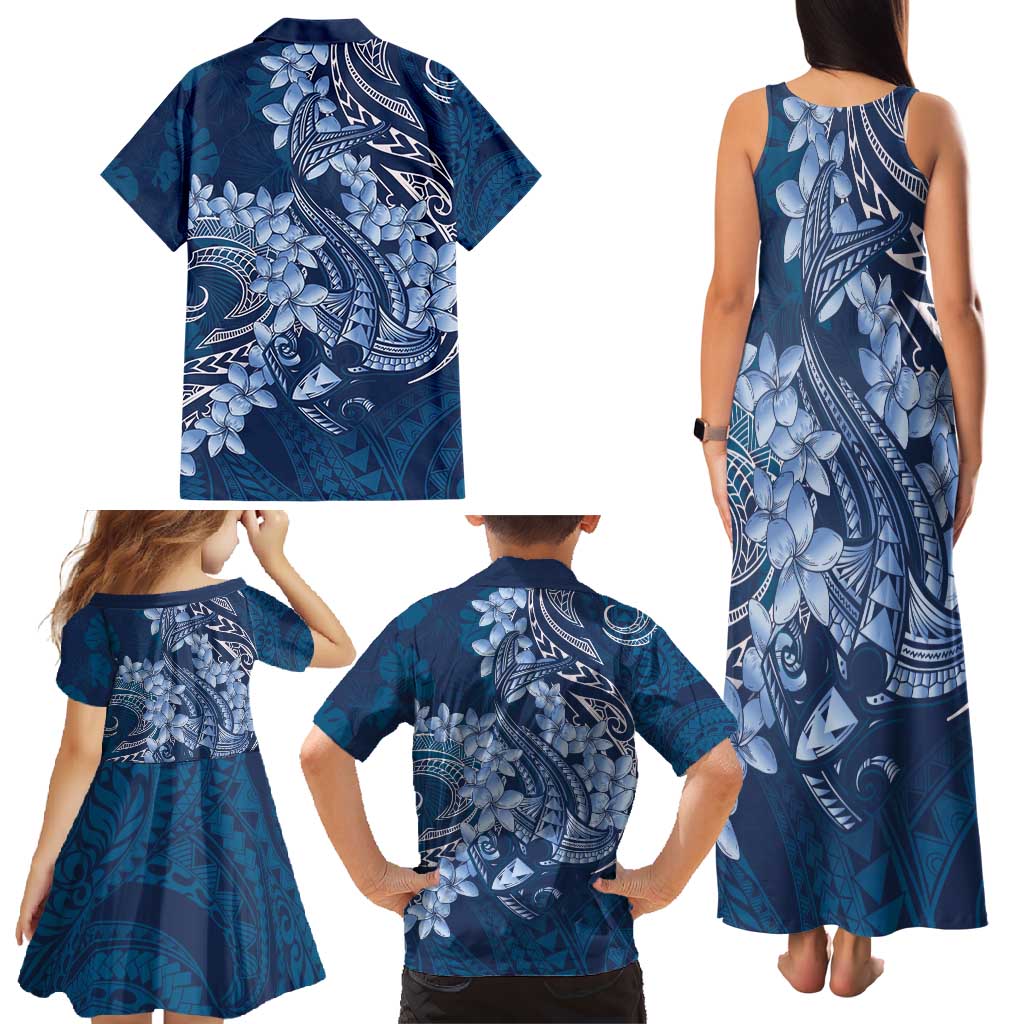 Navy Blue Polynesia Hammerhead Shark Tattoo With Plumeria Lei Family Matching Tank Maxi Dress and Hawaiian Shirt LT14 - Polynesian Pride