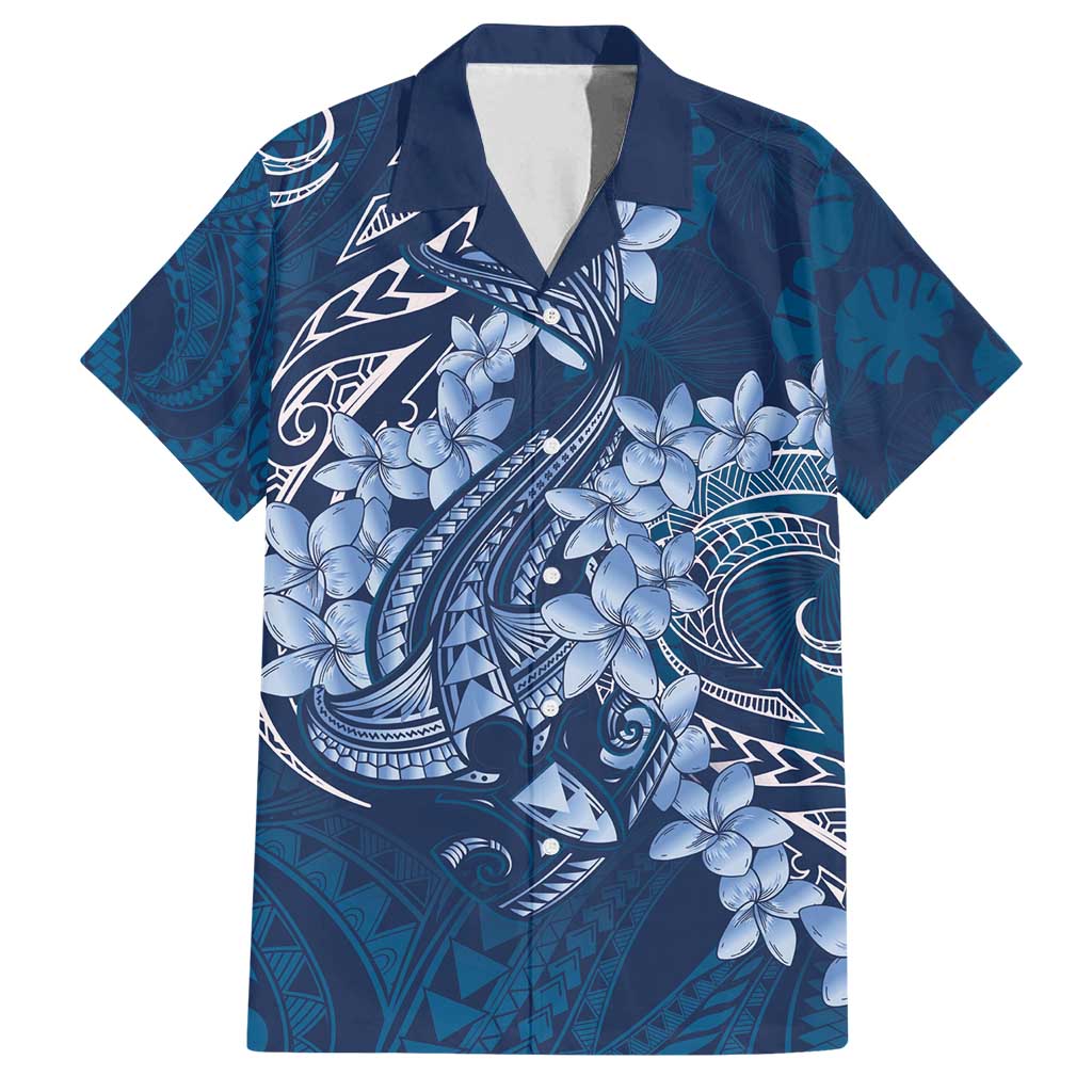Navy Blue Polynesia Hammerhead Shark Tattoo With Plumeria Lei Family Matching Tank Maxi Dress and Hawaiian Shirt LT14 Dad's Shirt - Short Sleeve Navy Blue - Polynesian Pride