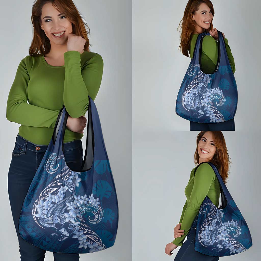 Navy Blue Polynesia Hammerhead Shark Tattoo With Plumeria Lei Grocery Bag