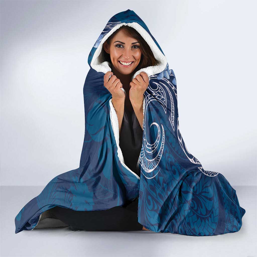 Navy Blue Polynesia Hammerhead Shark Tattoo With Plumeria Lei Hooded Blanket