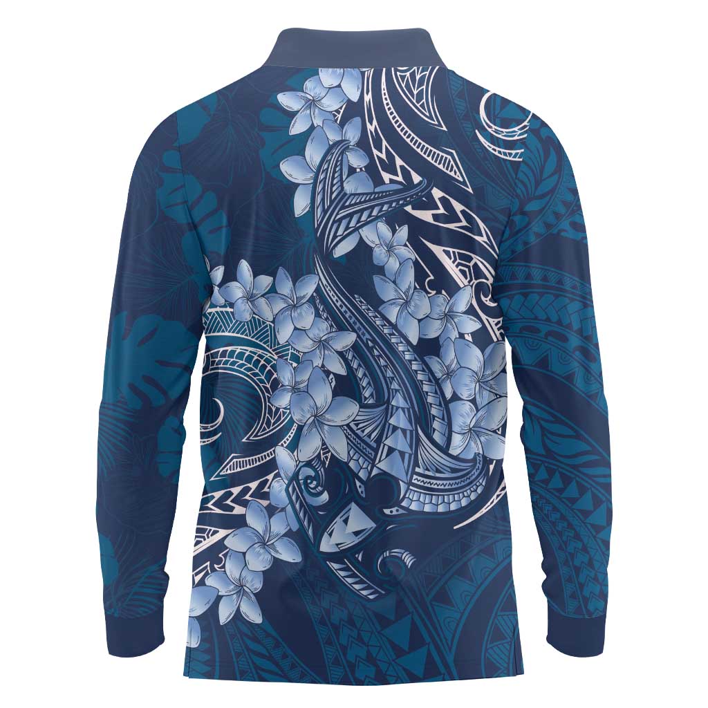 Navy Blue Polynesia Hammerhead Shark Tattoo With Plumeria Lei Long Sleeve Polo Shirt