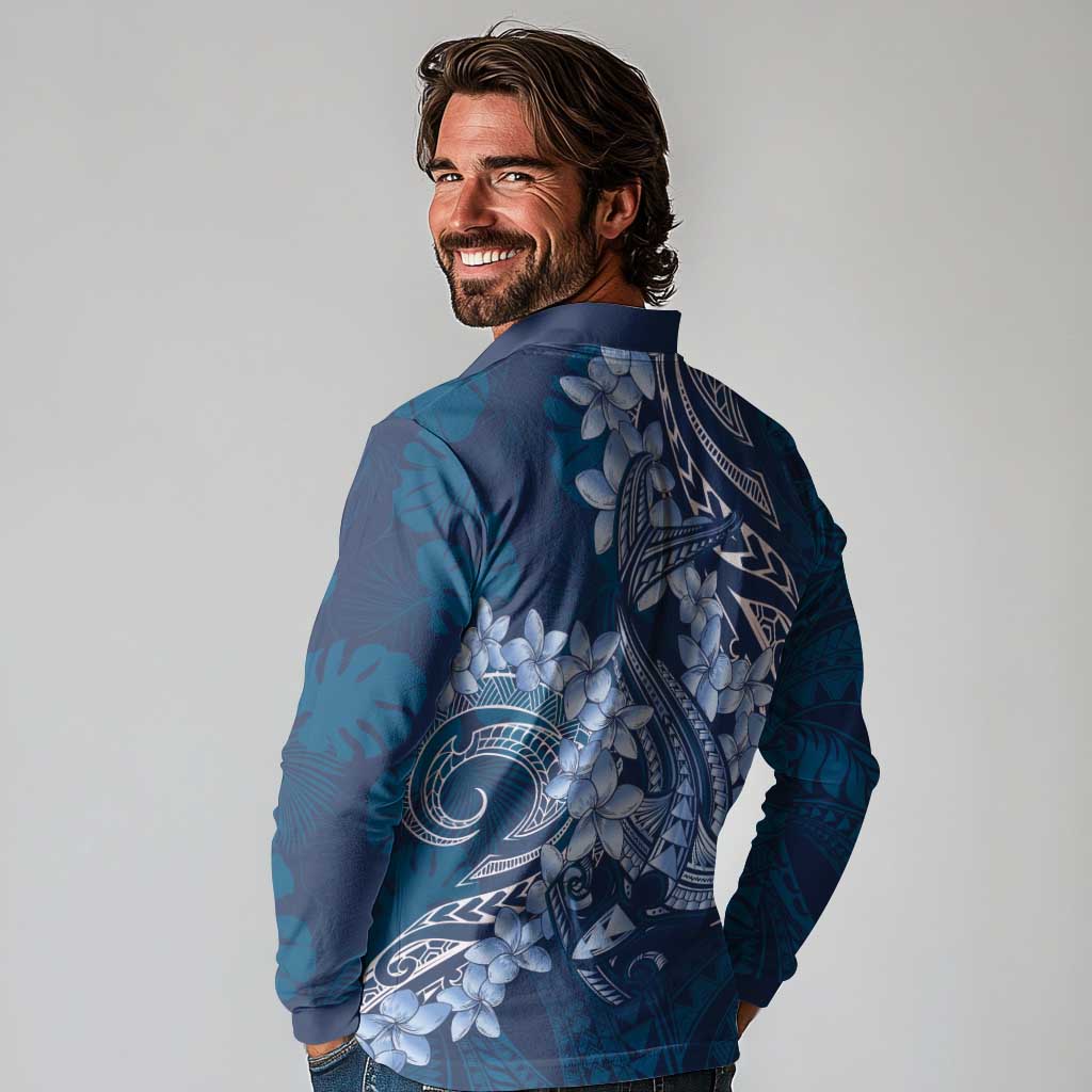 Navy Blue Polynesia Hammerhead Shark Tattoo With Plumeria Lei Long Sleeve Polo Shirt