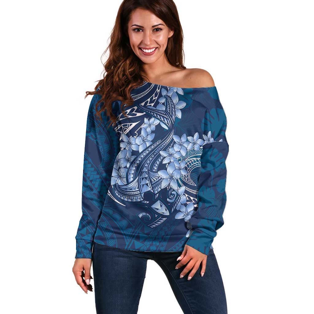 Navy Blue Polynesia Hammerhead Shark Tattoo With Plumeria Lei Off Shoulder Sweater