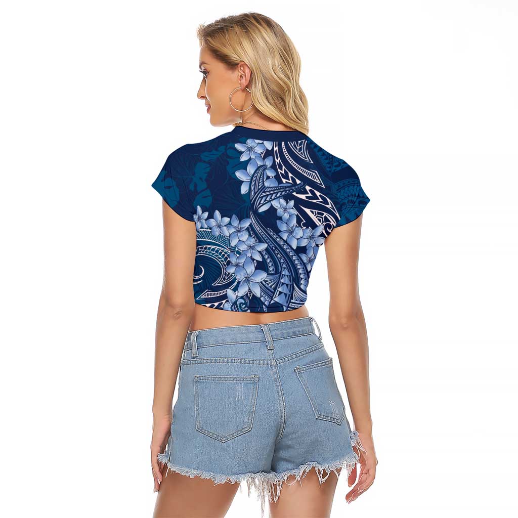Navy Blue Polynesia Hammerhead Shark Tattoo With Plumeria Lei Raglan Cropped T Shirt