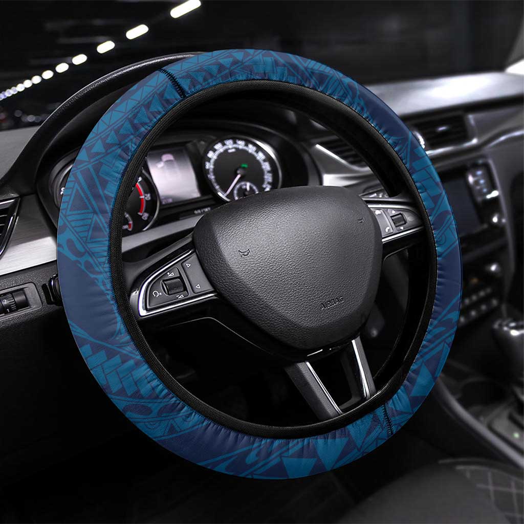 Navy Blue Polynesia Hammerhead Shark Tattoo With Plumeria Lei Steering Wheel Cover