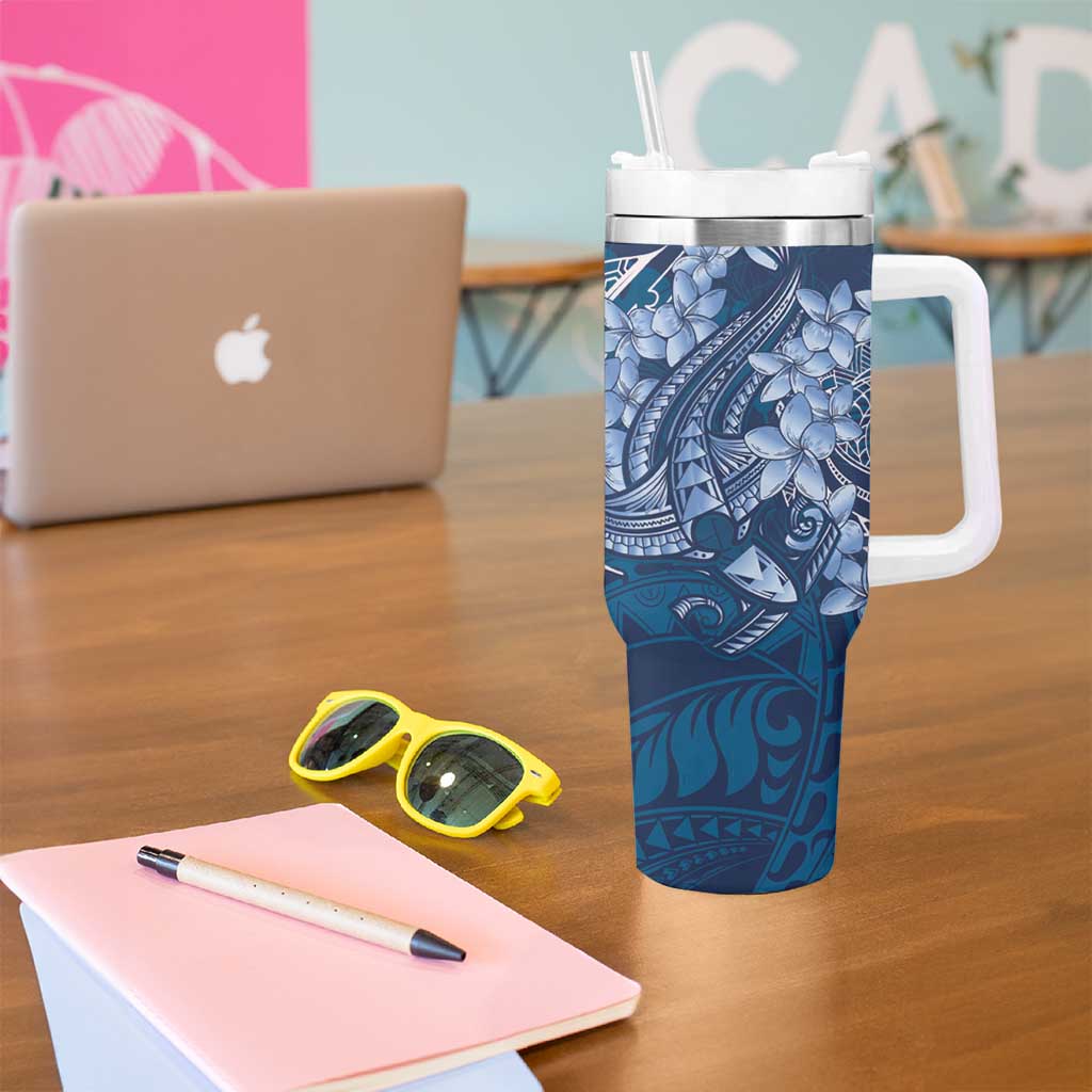 Navy Blue Polynesia Hammerhead Shark Tattoo With Plumeria Lei Tumbler With Handle