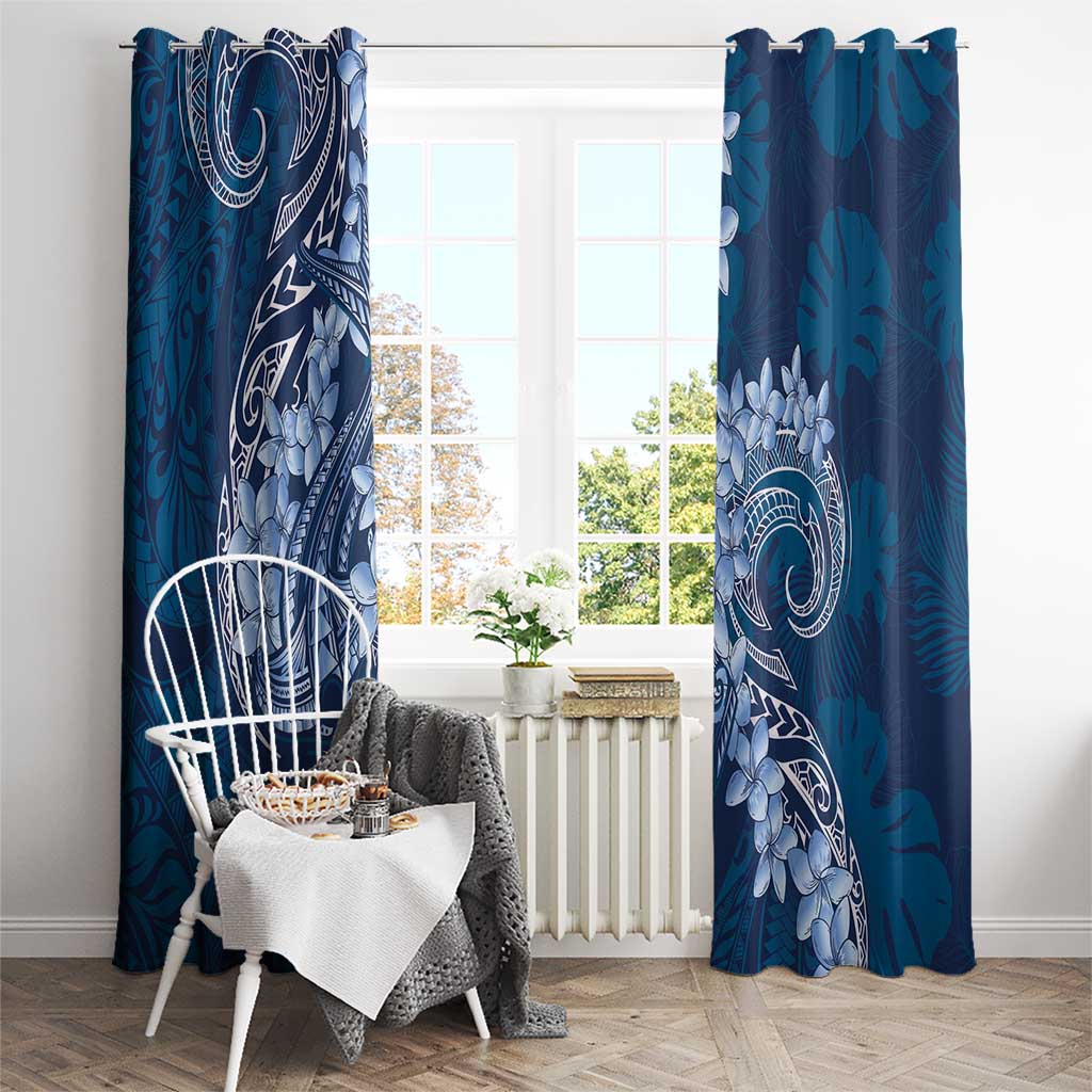 Navy Blue Polynesia Hammerhead Shark Tattoo With Plumeria Lei Window Curtain