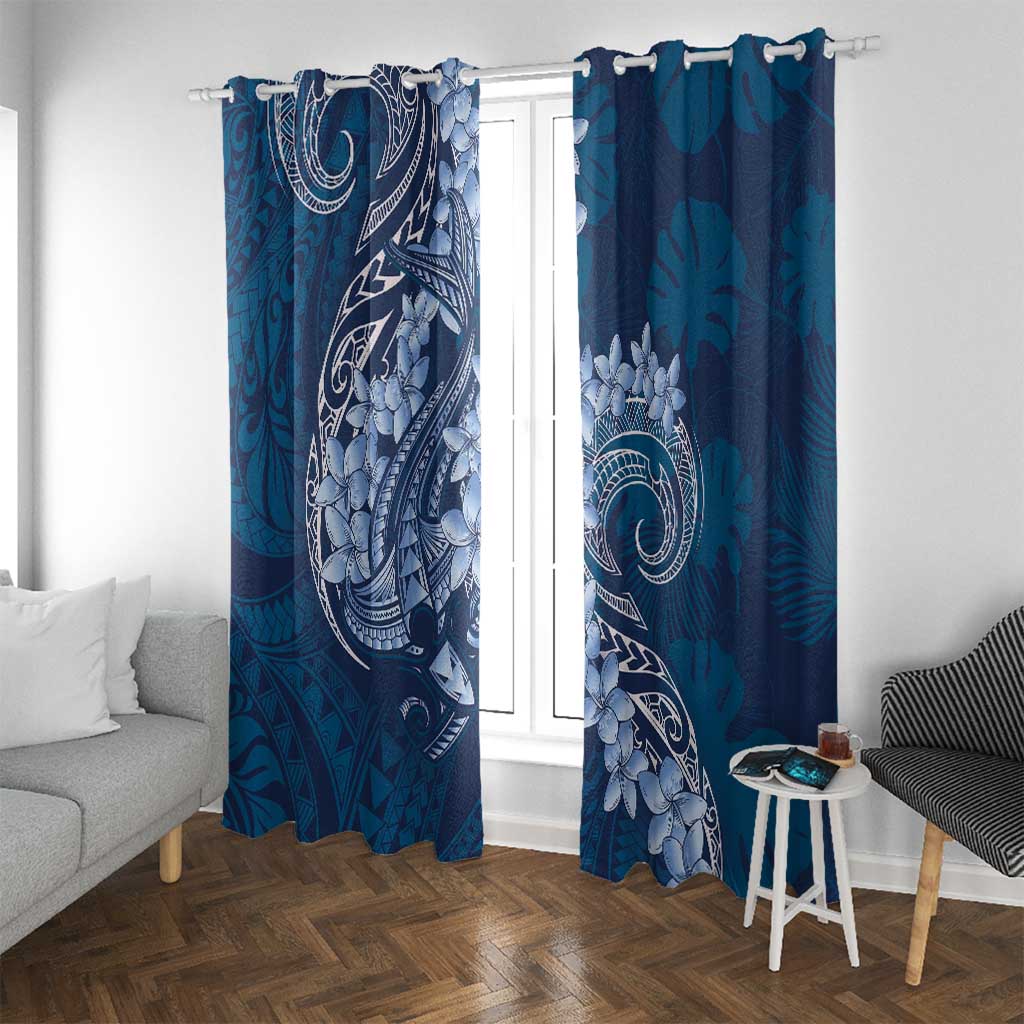 Navy Blue Polynesia Hammerhead Shark Tattoo With Plumeria Lei Window Curtain