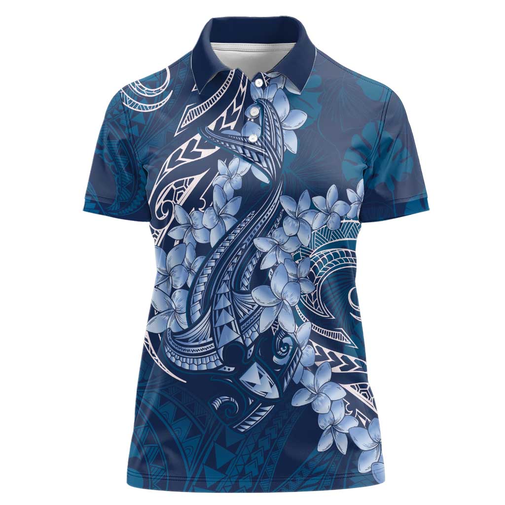 Navy Blue Polynesia Hammerhead Shark Tattoo With Plumeria Lei Women Polo Shirt