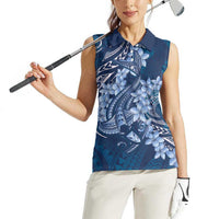 Navy Blue Polynesia Hammerhead Shark Tattoo With Plumeria Lei Women Sleeveless Polo Shirt