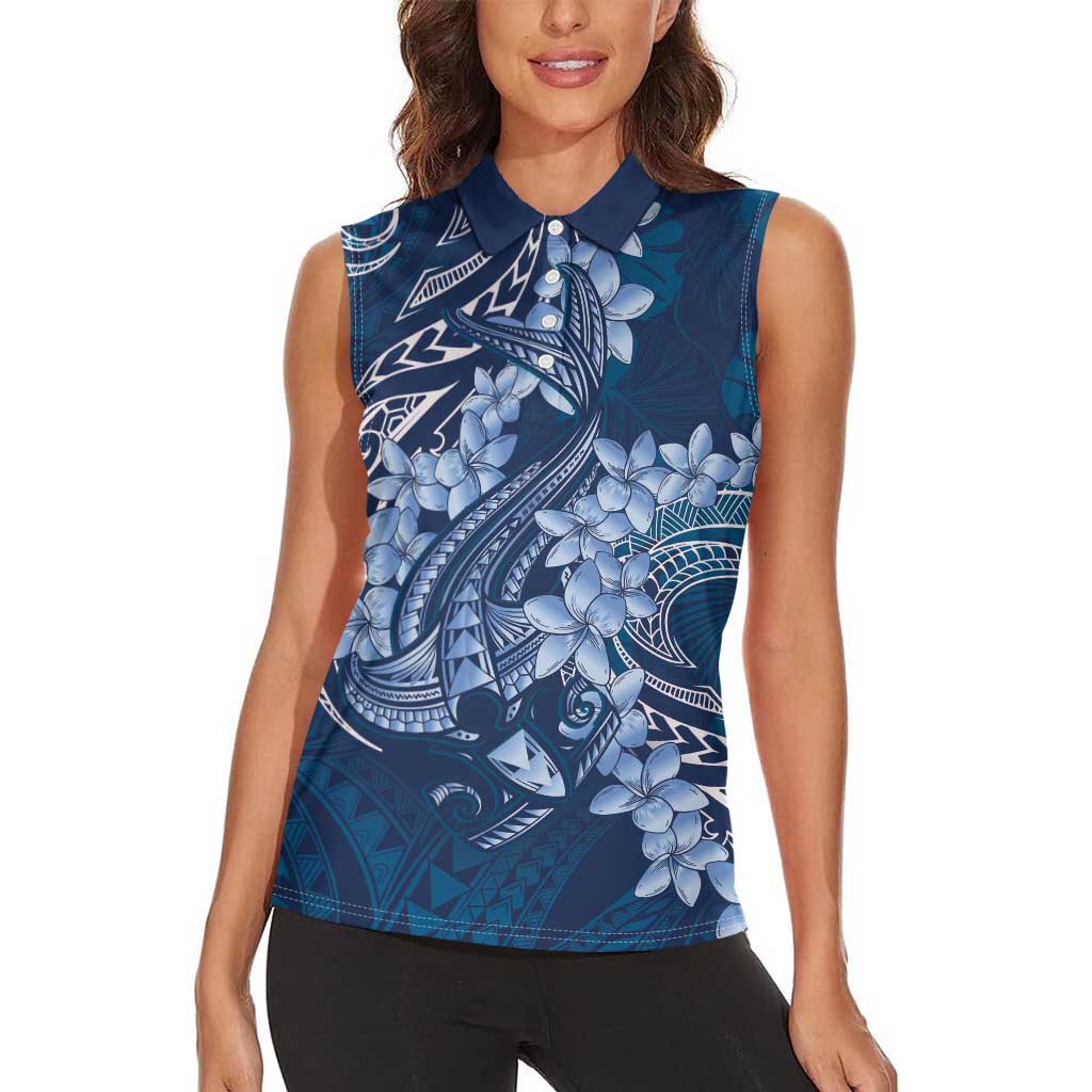 Navy Blue Polynesia Hammerhead Shark Tattoo With Plumeria Lei Women Sleeveless Polo Shirt