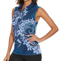 Navy Blue Polynesia Hammerhead Shark Tattoo With Plumeria Lei Women Sleeveless Polo Shirt