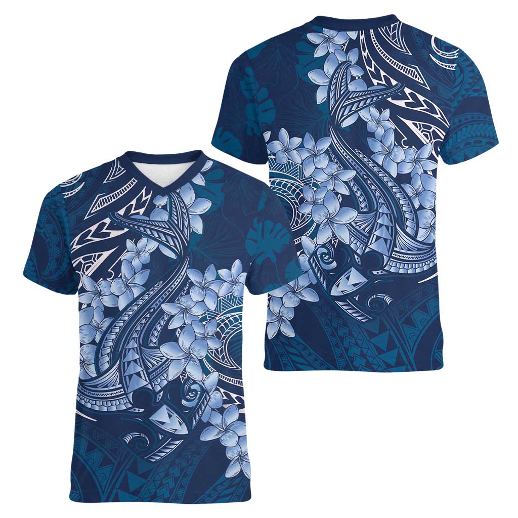 Navy Blue Polynesia Hammerhead Shark Tattoo With Plumeria Lei Women V-Neck T-Shirt