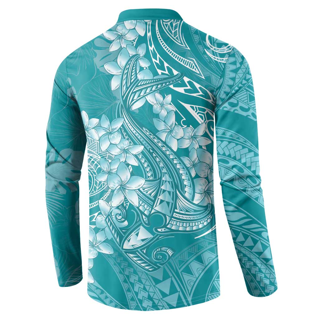 Teal Polynesia Hammerhead Shark Tattoo With Plumeria Lei Button Sweatshirt